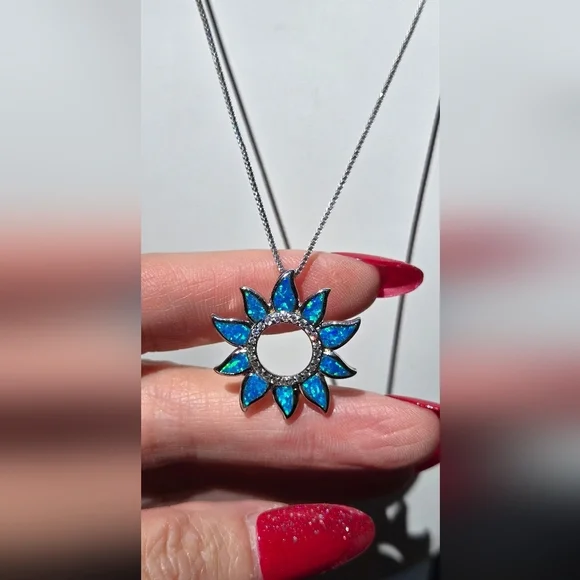 Sterling Silver 925 Necklace Silver 925 Blue Sunflower Opal  Pendant Necklace - Picture 10 of 17